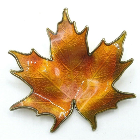 Hroar Prydz  Sterling Silver Orange Amber Enamel Maple Leaf  Brooch, N40
