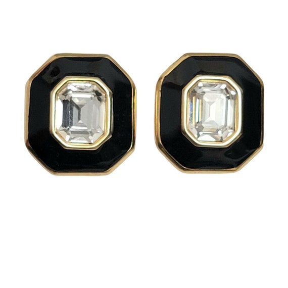 Monet Black Enamel Clear Crystal Faceted Rhinestone Center Clip-On Earrings, Signed