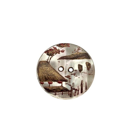 Vintage Mother-of-Pearl Shell Button Asian Style Painting J917