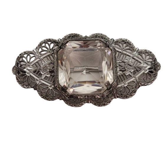 Silver Tone Rhodium Plated Art Deco Clear Faceted Prong Rhinestone Filigree Brooch Pin E199