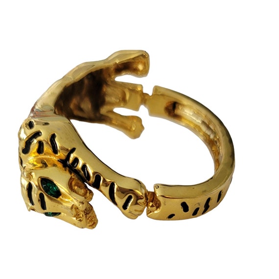 Gold Tone Black Enamel Striped Tiger Cat Hinged Bracelet E791