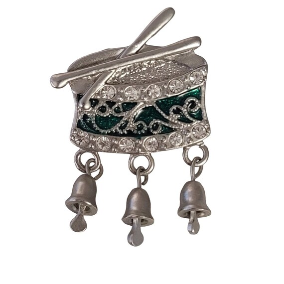 Silver Tone Green Enamel Clear Rhinestone Drum With Silver Bell Dangle Charms Brooch, E87