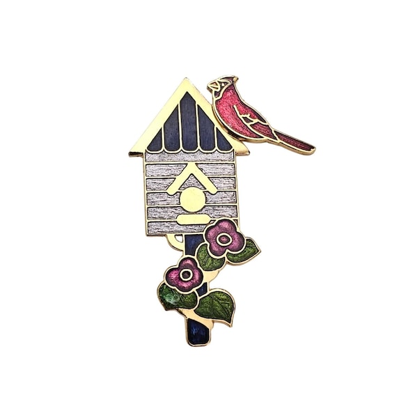 Fish Brand Cardinal Bird And Birdhouse Brooch Champleve Pin Signed, J406