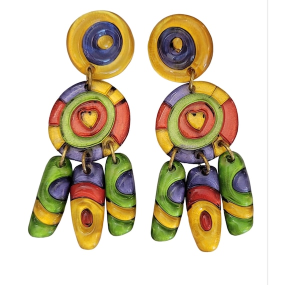 Multi Color Lucite, Resin Modernist 80’s Runway Dangle Clip-On Earrings, K398