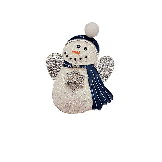 White Blue Sparkle Enamel Clear Rhinestone Dangle Charm Snowman Brooch L386