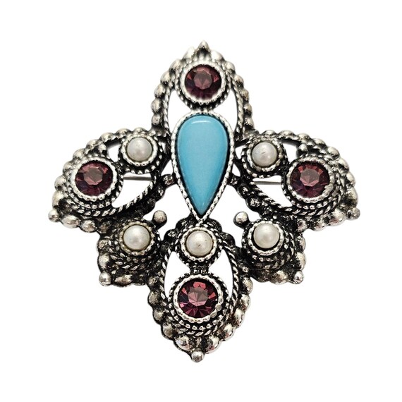 Sarah Coventry Imperial Brooch Pendant Rhinestone Faux Pearl Fleur De Lis Pin, Signed L961