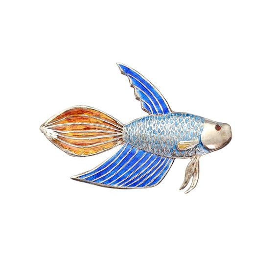 Sterling Blue Gold Fish Brooch Siam Pin, Signed