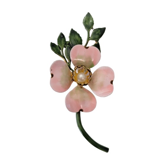 Original By Robert Pink Green Enamel Faux Pearl Dogwood Flower Stem Brooch, Signed E239