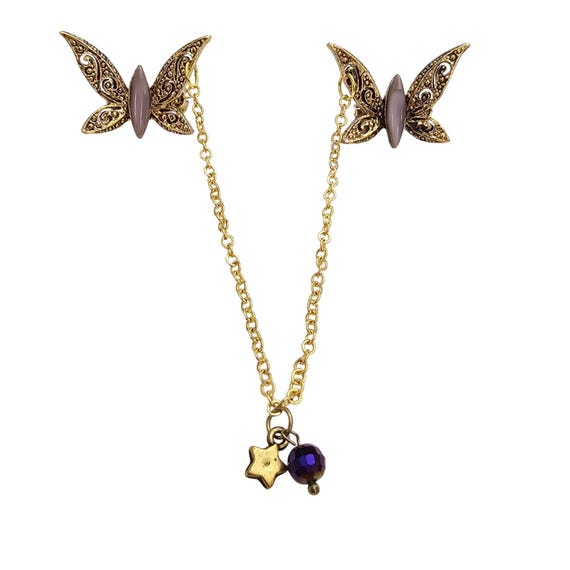 Gold Tone Purple Glass Moonstone Butterfly Brooch Chatelaine Sweater Pins J306