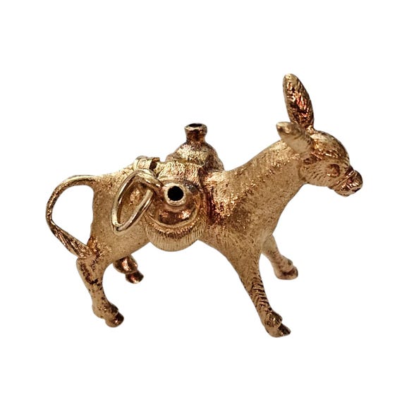 14K Yellow Gold Donkey Pendant, Chunky With Saddle Bags, L605