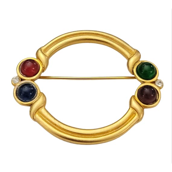 Monet Gold Tone Open Red Green Blue Glass Cab Bar Mogul Brooch, Signed K640