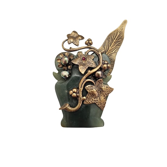 Jan Michaels Peacock Pearl Green Stone Carved Vase Brooch Flower Vines Pin J637