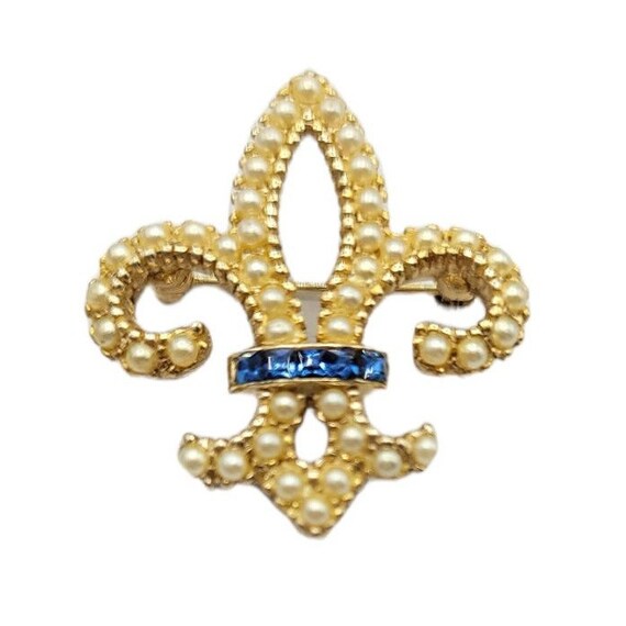 Ciner Goldtone Faux Pearl Blue Baguette Rhinestone Fleur De Lis Brooch Pin Signed