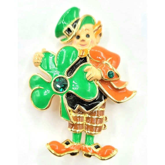 Bob Mackie Enamel Green Rhinestone Irish Man Clover Brooch