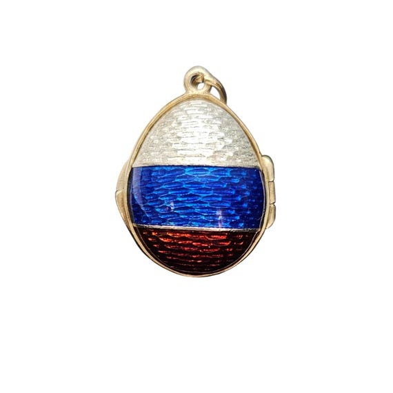 Sterling Gold Vermeil White Blue Red Guilloche Egg Locket Pendant J584