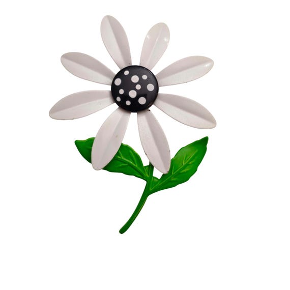Black White Polka Dot Metal Flower Brooch Green Leaf Stem Pin C965