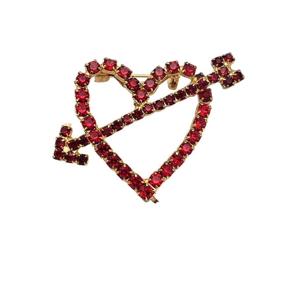Red Prong Set  Rhinestone Open Heart Cupid Arrow Brooch C843