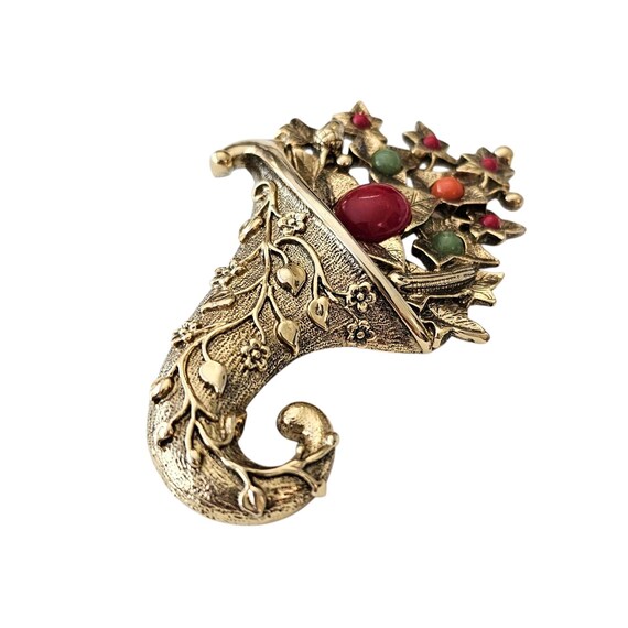 1928 Brand Autumn Leaves Fall Cornucopia Brooch Orange Red Green Lucite Cabochon Pin, J38