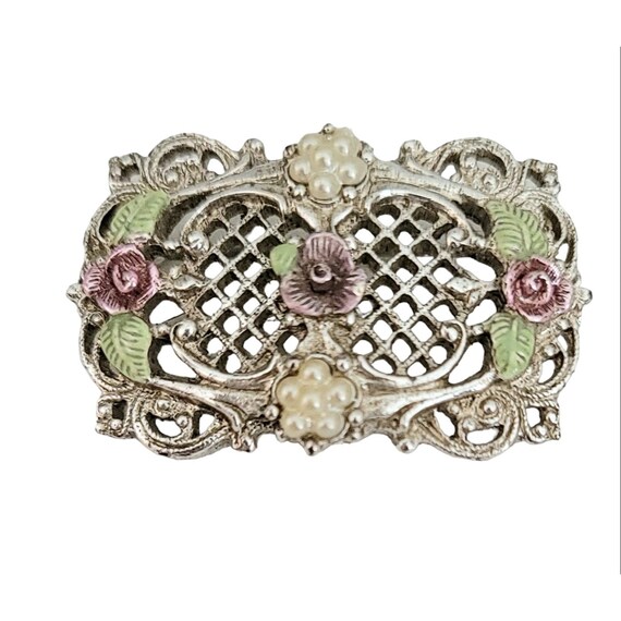 1928 Brand Silver Tone Faux Pearl Enamel Rose Pin Brooch K388