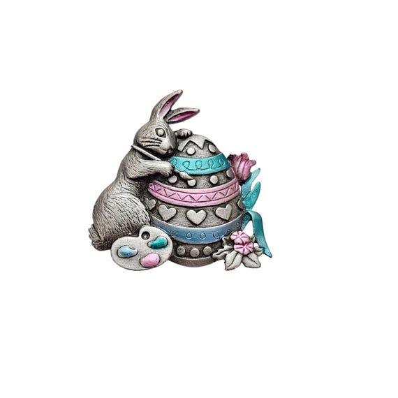 JJ Jonette Easter Bunny Egg Brooch Pink Blue Enamel Pin Signed, J597