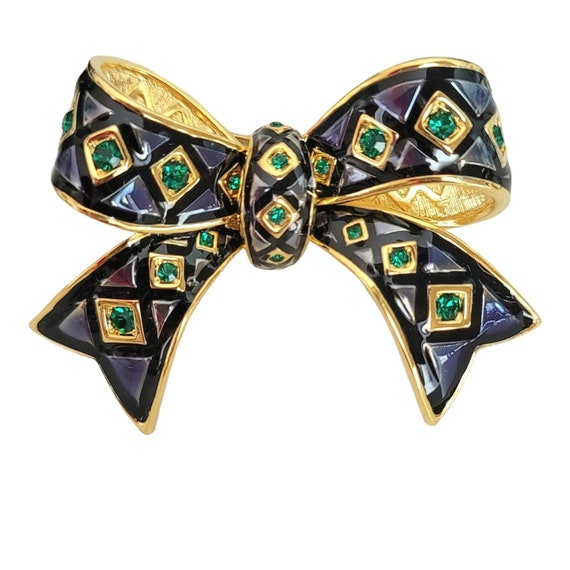 Joan Rivers Blue Black Enamel Green Rhinestone Bow Brooch, Signed M175