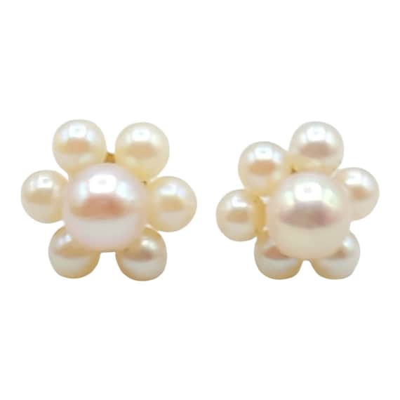 14k Yellow Gold Pearl Pierced Earrings, Signed