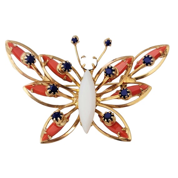 Alice Caviness Red White Blue Rhinestone Butterfly Brooch, Signed