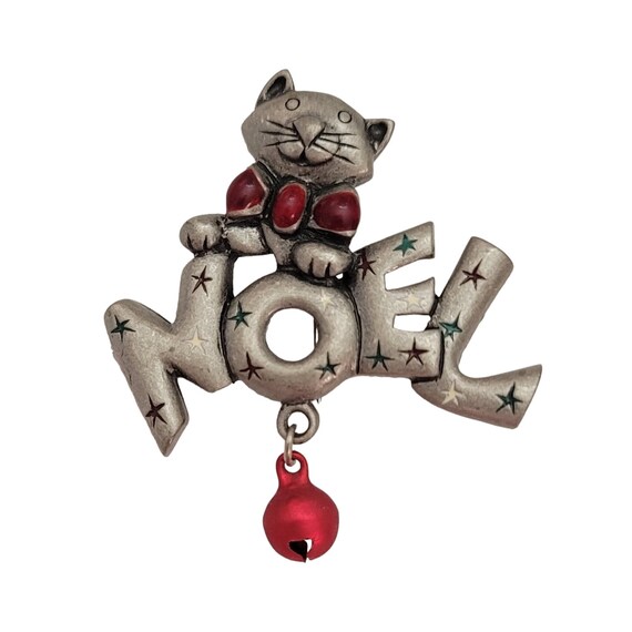 Attwood & Sawyer Vintage Cat Noel Red Jingle Bell Dangle Brooch Pin, Signed E871