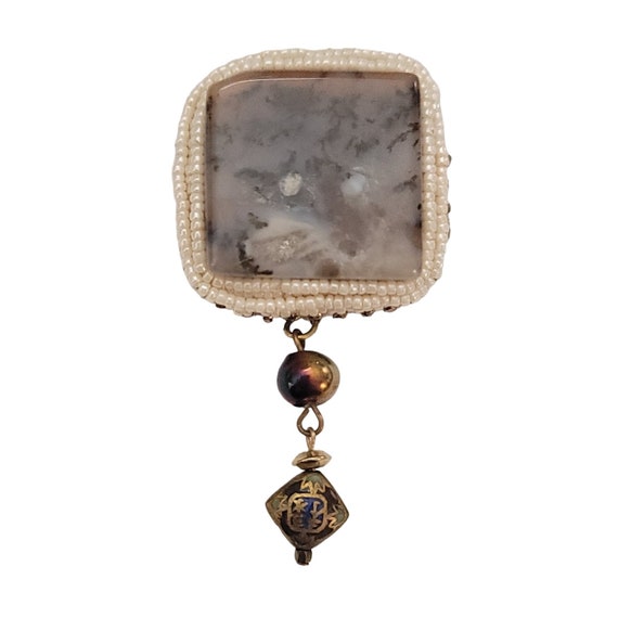 Glass White Bead Square Moss Agate Asian Bead Dangle Brooch K893