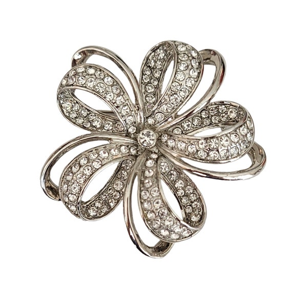 Monet Silver Tone Clear Rhinestone Bow Flower Brooch, Signed K610