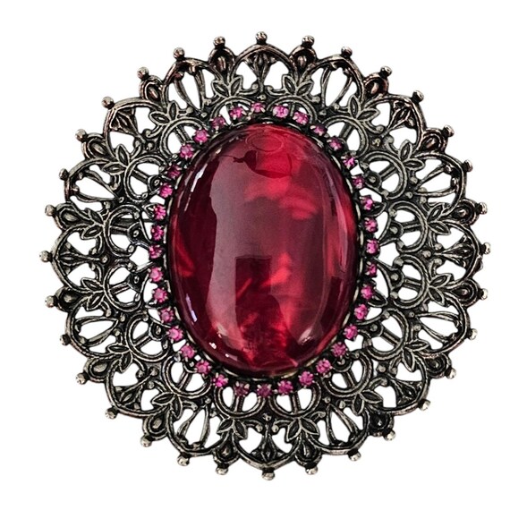 Oval Marble Lucite Statement Filigree Brooch Pink Prong Rhinestone Vintage Pin L563