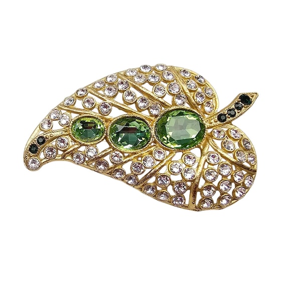 Gold Tone Green Rhinestone Leaf Brooch