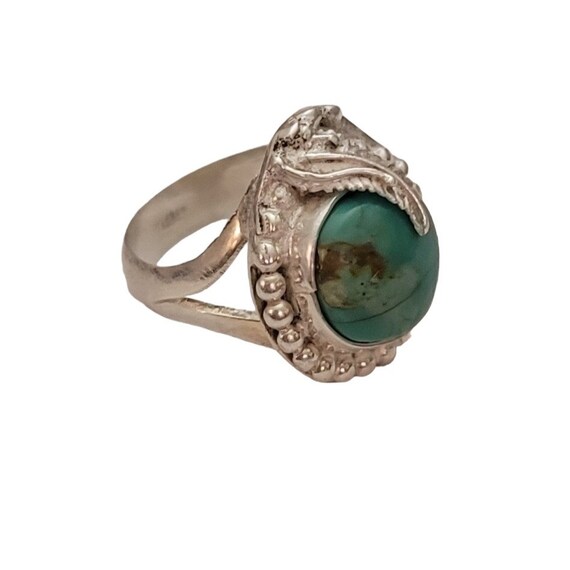 Sterling Silver Turquoise Bezel Set Leafy Ring Size 6.5 E183