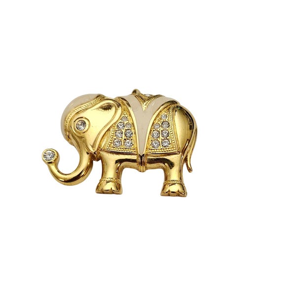 KJL For Avon Elephant Brooch Pendant Clear Rhinestone Enamel Pin Signed, J653