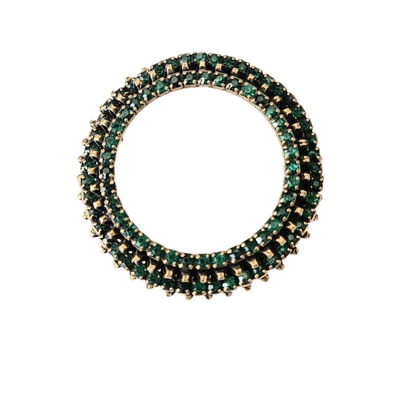 Green Rhinestone Gold Tone Open Tiered Brooch Filigree Style Pin C947