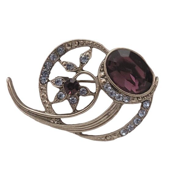 1928 Brand Silver Tone Blue Purple Rhinestone Flower Pin Brooch K887