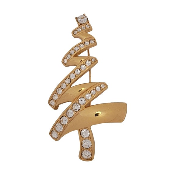 Monet Gold Tone Clear Rhinestone Zig Zag Christmas Tree Pin Brooch, Signed M1015