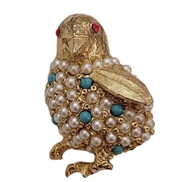 Gold Tone Red Eye Blue White Ballotini Bird Sparrow Brooch Pin K797