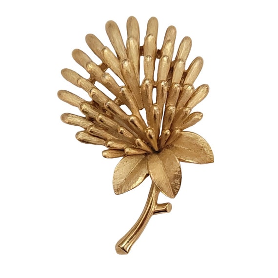 Trifari Gold Tone Crown Over T Vintage Thistle Leaf Brooch Pin, Signed K878