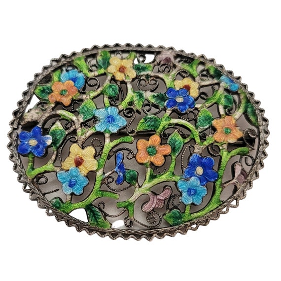 Czechoslovakia Blue Yellow Green Orange Enamel Oval Filigree Flowers Brooch, Signed E618