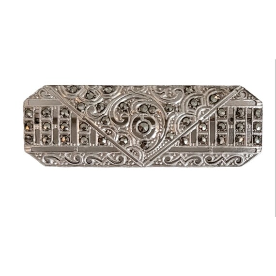 Sterling Silver Art Deco Marcasite Trombone Clasp Bar Pin Brooch, K214