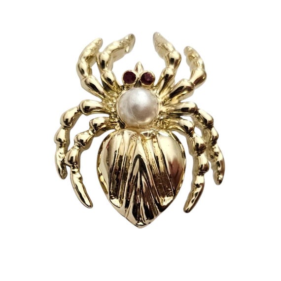 Gold Tone Vintage Faux  Pearl Spider Brooch, Red Rhinestone Pin L876