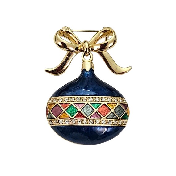 Monet Blue Enamel Multicolor Mosaic Style Clear Rhinestone Christmas Bulb Dangle Bow Brooch Pin, Signed L342
