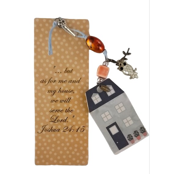 Hand Crafted Stone Dangle Removable Owl Charm "As For Me And My House" Bookmark, B12