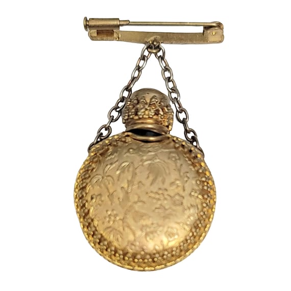 Gold-Tone Miniature Encased Perfume Bottle Filigree Edge On Bar and Chain Brooch