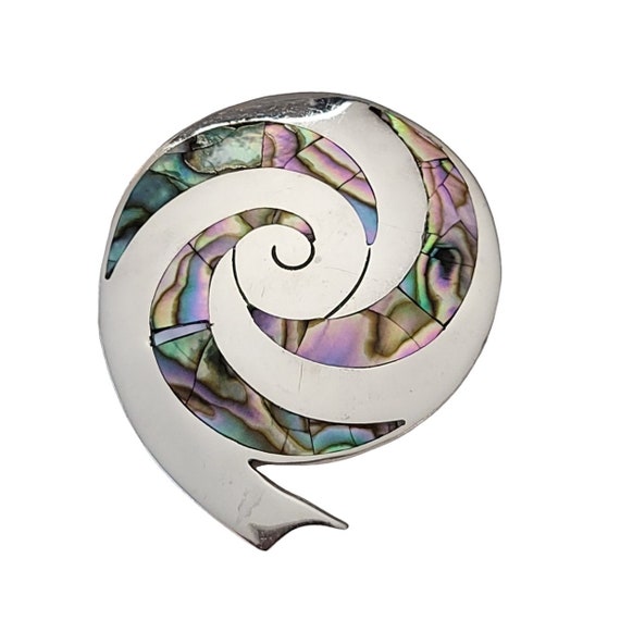Mexico TH-24 925 Sterling Silver Abalone Inlay Snail Spiral Brooch Pendant L48