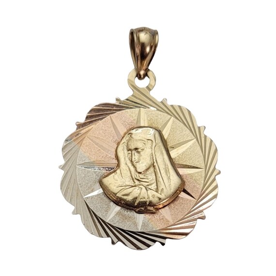 14K White, Yellow, Rose Gold Etched Holy Mary Pendant, E118