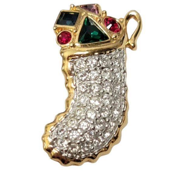 Swarovski Vintage Gold Tone Clear Green Red Crystal Pave Christmas Stocking Pin Brooch, Signed