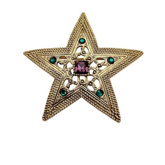 1928 Brand Star Brooch Gold Tone Purple Green Rhinestone Pin J708