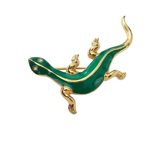 Monet Kelly Green Gecko Brooch, Clear Rhinestone Lizard Reptile Pin Signed J321